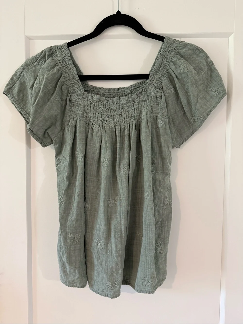 Madewell Smocked Square-Neck Top in Sage